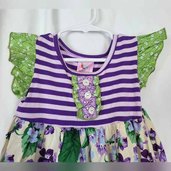 Gurlybird Purple Green Beige Floral‎ Striped Ruffle Cotton Dress Set Size 2T - Picture 3 of 10